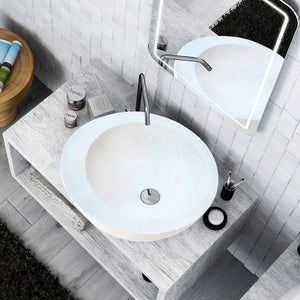 Villohome white limestone round bathroom sink with sloped rim above vanity, on light gray wood vanity