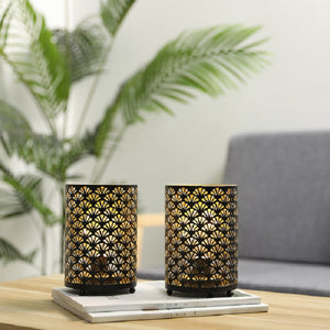 Set of 2 JHY DESIGN 6.5in tall metal table lanterns with gold lattice pattern, battery-operated