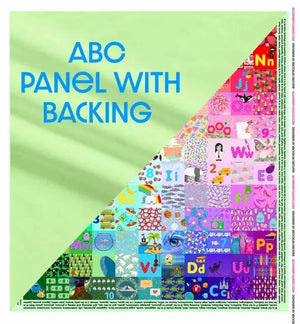 ABC Hidden Pictures Minky Quilt Panel by Block Party Quilt Co, fabric panel with multicolor alphabet mosaic.