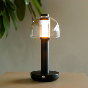 Table lamp 10-inch tall with clear glass shade and black base, battery-operated, 3-color dimmable light by JHY DESIGN