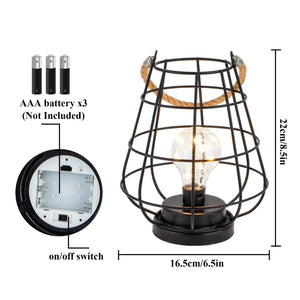 Set of 2 JHY DESIGN cage bulb lantern table lamps, black metal with rope handle, battery-operated.