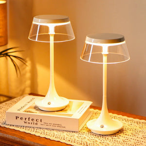 Two white 10.5-inch nightstand lamps with glass shades, battery-operated and 3-color dimmable lighting.