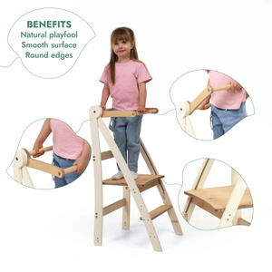 Adjustable Montessori Tower by Goodevas; kids step stool in natural wood with a white frame.
