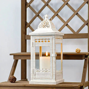 Decorative candle lantern, 14.5in high, beige with gold brush finish, metal