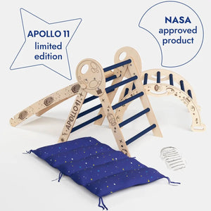 Goodevas Apollo 4in1 climbing set with wooden Pikler triangle, arch, slide board and blue star cushion.