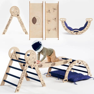 Goodevas Apollo 4in1 climbing set in natural wood with navy rails and blue cushioned mat