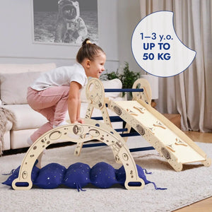 Apollo 4in1 climbing set for toddlers; natural wood Pikler triangle with arch, slide board, and blue cushion base.