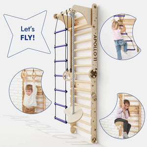 Goodevas Apollo Swedish Wall climbing ladder with moon swing set and slide board, wooden playset for kids