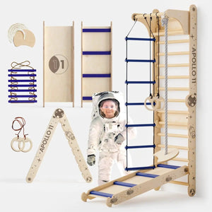 Goodevas Apollo Swedish Wall climbing ladder set with moon swing and slide board in natural wood with blue accents