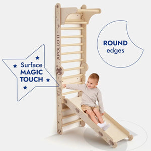 Goodevas Apollo Swedish Wall climbing ladder with slide board in natural wood, round-edged playset