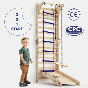 Goodevas Apollo Swedish Wall climbing ladder with blue rungs, rope swing, and slide board