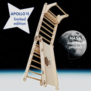 Apollo Swedish Wall climbing ladder by Goodevas, natural wood with space motif and NASA approved label.