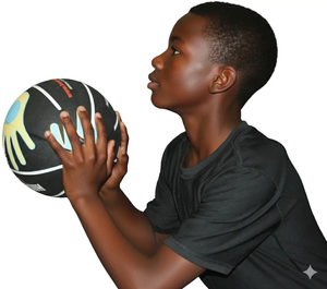 Hands on Shooter Basketball by HoopsKing with hand placement; black training ball with blue and yellow grip accents.