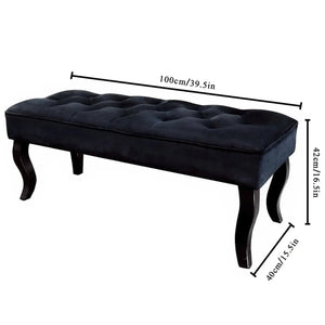 16.5-inch tall Dutch Velvet ottoman bench in black with tufted cushion and curved legs
