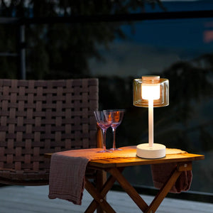 11-inch rechargeable table lamp by JHY DESIGN with white stem and amber glass shade, 3-way dimmable.