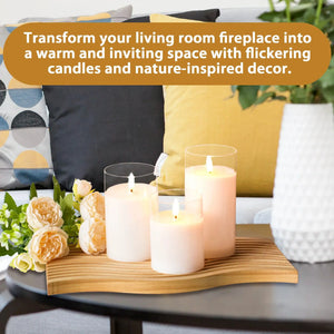 Glass flameless LED candles set of 3 in frosted glass holders on a wooden decorative tray.