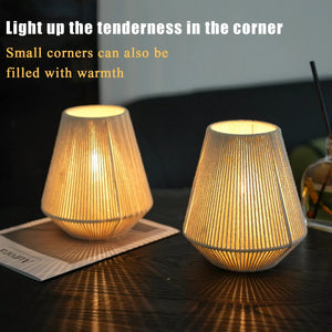 Set of 2 8-inch woven lampshade table lamps with beige fabric shades, battery operated