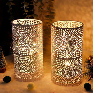 Battery-powered table lamps set of 2 with metal lattice cylindrical shades emitting warm light