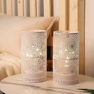 JHY DESIGN battery-powered table lamps, white metal cylinders with circular floral perforations, set of 2.
