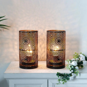 Battery powered table lamp set of 2 by JHY DESIGN; metal cylindrical mesh lanterns with sunburst pattern and warm glow.