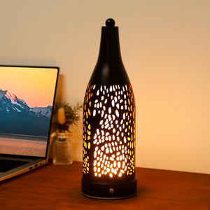 JHY DESIGN cordless table lamp with black perforated shade, warm glow; 4000mAh rechargeable battery.