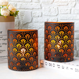 Set of 2 wall sconce lamps, 8 in tall, dark metal with warm orange perforated pattern glow