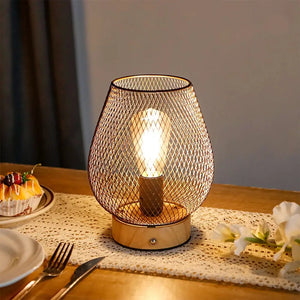 8-inch touch-adjustable table lamp with wooden base and bronze egg cage, battery powered