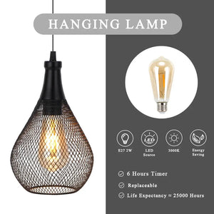 Battery Operated Hanging Lamp by JHY DESIGN, black metal mesh pendant with Edison bulb