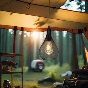 Battery operated hanging lamp by JHY DESIGN, dark metal mesh shade with warm glow.