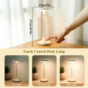 JHY DESIGN nightstand lamp, glass shade, battery-operated; 10.5in tall, touch-control, 3-color dimmable.
