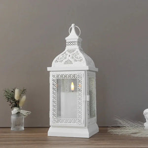 Decorative hanging lantern, cream 19-inch high with ornate lattice panels, by JHY DESIGN.