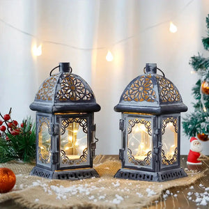 Set of 2 grey vintage-style battery-operated lanterns, 8 in tall, with warm lights inside