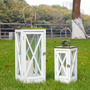 Set of 2 farmhouse white rectangle wooden lanterns with glass panels and metal tops by JHY DESIGN