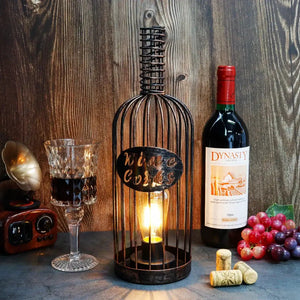 13.5”H cordless metal wine cork holder lamp with cage frame and warm glow bulb