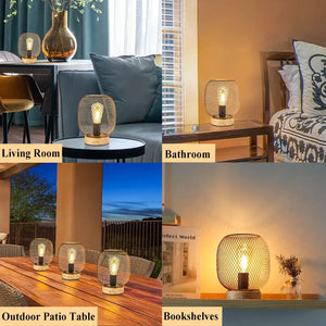 7.5in touch-adjustable table lamp with wooden base and bronze cage, battery-operated, by JHY DESIGN (set of six shown)