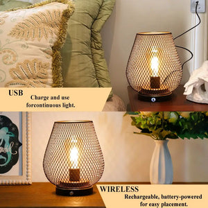 Table lamp with bronze egg-shaped metal mesh cage on a black base; touch-controlled, wireless battery-powered.
