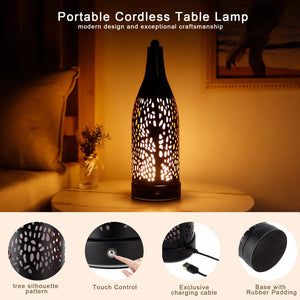 Cordless table lamp with black metal shade, 4000mAh rechargeable battery, tree-silhouette perforations