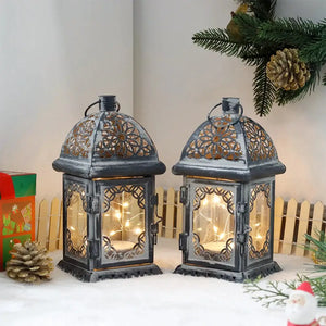 Set of 2 grey JHY DESIGN battery-operated lanterns, 8in tall, vintage metal with decorative lattice and warm light