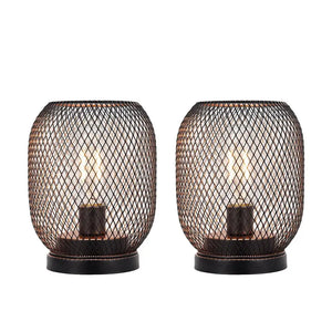 Set of 2 tall battery-powered outdoor table lamps with black metal mesh cages and warm glow