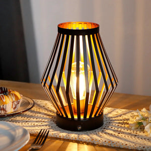 Set of 2 dimmable bedside table lamps with black metal cage shade, by JHY DESIGN, warm glow