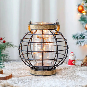 7.3-inch battery-powered table lamp with a black metal cage and hemp rope accents, warm fairy lights inside, by JHY DESIGN