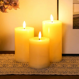 Set of 3 battery-operated flameless LED candles with realistic flicker and warm amber glow.