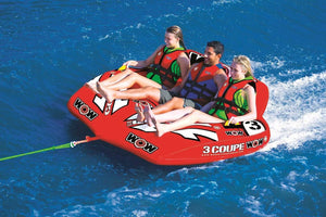 WOW Watersports 3-Person Coupe Cockpit Towable red inflatable with WOW logos