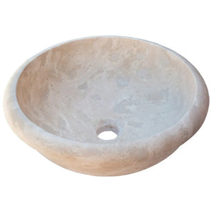 Beige travertine drop-in bathroom sink by Villohome, honed and filled, 16 in diameter, 6 in height