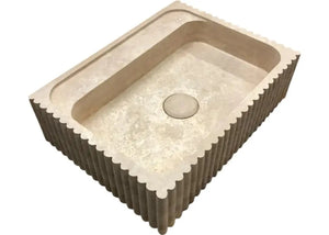 Bathroom vanity sink, Oasis beige travertine, wall-mount, fluted stone basin by Villohome.