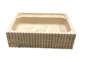 Oasis beige travertine wall-mount bathroom vanity sink by Villohome, fluted exterior, 24" L x 20" W