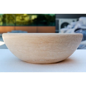 Beige travertine vanity vessel sink, above-counter, honed and filled, 16in diameter x 6in height