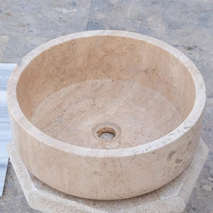 Villohome travertine round bathroom sink, Tuscany Beige, 16-inch diameter, honed finish