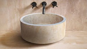 Natural beige travertine stone above-vanity bathroom sink, round 16-inch diameter, honed finish
