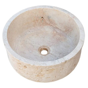 Bathroom sink Villohome, natural beige travertine, round self-rimming stone basin.